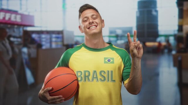 Man in yellow brasil jersey holding basketball and flashing peace sign in airport terminal; pride celebration.
