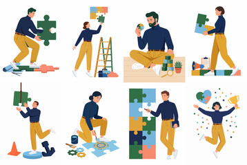 Fototapeta premium Set of business people working together to solve problems, build structures, and achieve success using jigsaw puzzle pieces in a flat vector style.