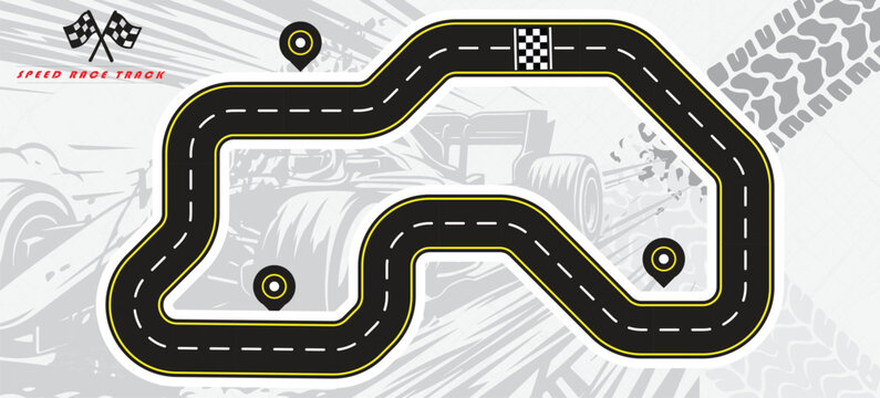 Speed Race Background. Race track in black color with tyre marks and city map on a white background.