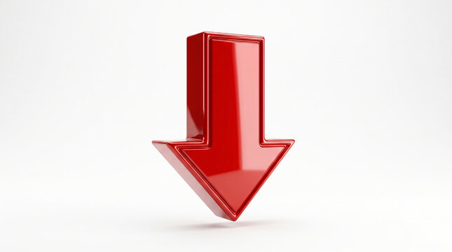 Red arrow pointing down. 3D glossy navigation symbol. Minimalist business decrease concept
