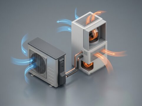 3D Isometric Heat Pump With Indoor and Outdoor Airflow
