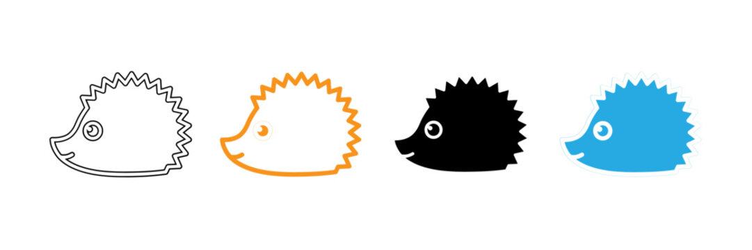 Four hedgehog illustrations in different colors and styles on a white background