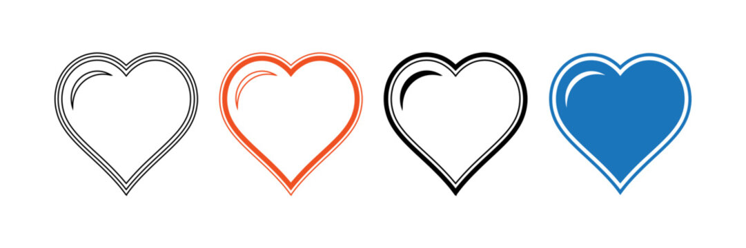 Four colorful heart outlines isolated on a white background showing different styles