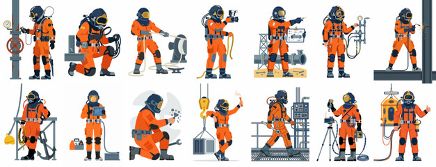 Fototapeta premium Set of flat illustrations of commercial divers in orange suits performing various industrial underwater maintenance, inspection, and technical tasks.