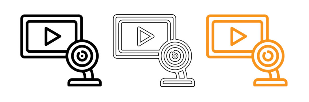 Webcam with play button icon set in black and orange line art style