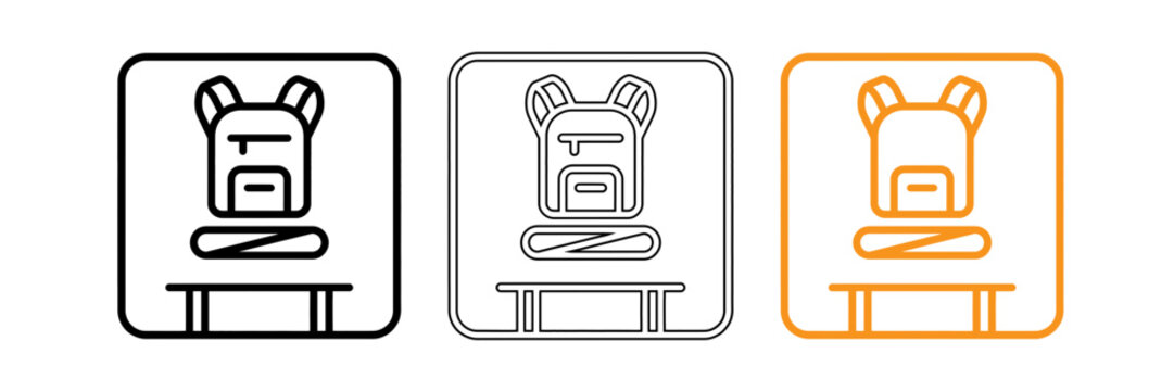 Three variations of a backpack on a table icon set in different color schemes