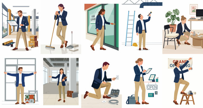 Flat vector illustration set of entrepreneurs and small business owners preparing, maintaining, and launching their new office or retail store space.