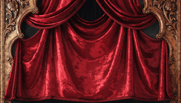 Vintage Red Velvet Stage Curtain Decorated with Antique Floral Frame