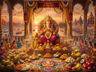 Fototapeta premium A majestic close up of lord ganesha amidst vibrant festivities and offerings at a cultural celebration