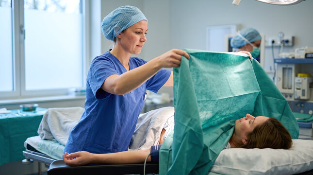 Nurse raising surgical drape over mother in hospital room for caesarean birth