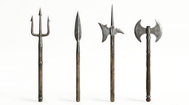 A collection of four vintage medieval polearms including a trident, spear, halberd, and battle axe, isolated on white background