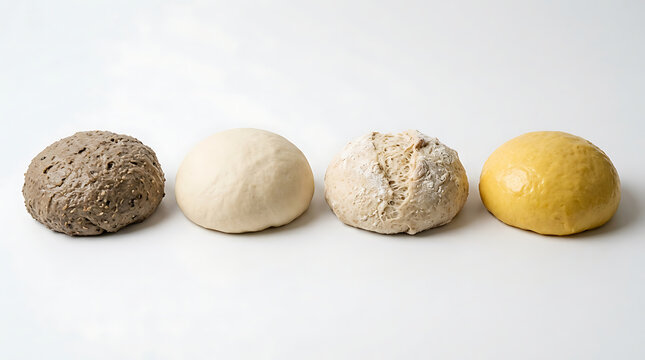 Four different types of raw dough balls for bread baking, arranged in a row, isolated on white background