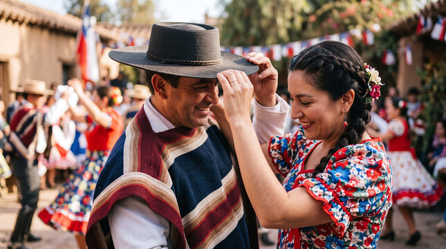 Chilean couple in traditional cueca attire celebrating Fiestas Patrias outdoors