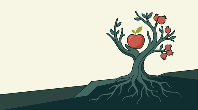 Stylized vector illustration of a tree with roots and red fruit on a simple cream background