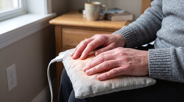 Senior man resting hands on an electric heating pad for pain relief at home