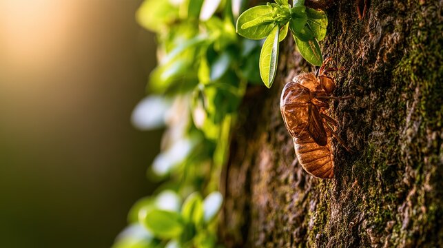 Cicada shell on tree bark, green leaves, morning glow, life cycle symbol