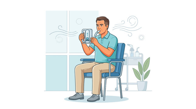 Man performs breathing exercise with spirometer for lung health and recovery, vector illustration