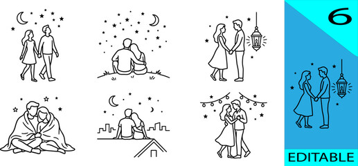 Fototapeta premium Set of six romantic couple night sky line art icons moon stars lantern blanket rooftop editable vector illustration