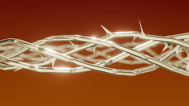 3d realistic render of a golden procedural thorn curve rotating left to right - high quality looping motion graphic for catholic religious concepts and cinematic visualization
