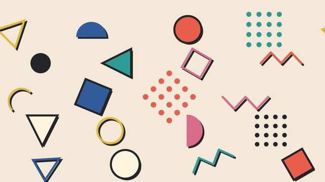 Abstract composition displaying diverse geometric shapes including circles triangles and squares featuring vibrant retro colors arranged in a playful pattern across the surface for creative