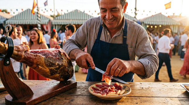 Smiling man slicing cured Iberian ham on a plate during Spanish Feria festival