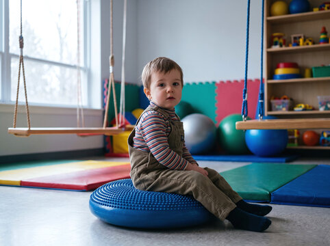 Toddler boy sitting on a blue sensory balance cushion during therapy session