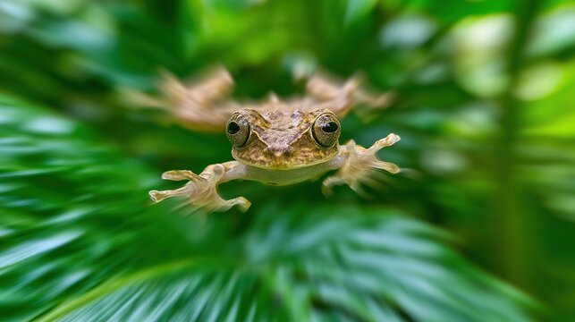 Tropical tree frog mid-leap, motion blur, lush foliage, vibrant green