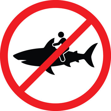 Humorous prohibition sign with red prohibition circle over black silhouette riding a shark, concept for absurd ocean rules, perfect for beach safety graphics, funny posters and stickers