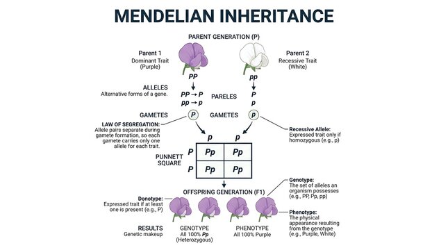 Mendelian inheritance diagram vector illustration explaining dominant and recessive traits, alleles, and Punnett square genetics isolated on white background