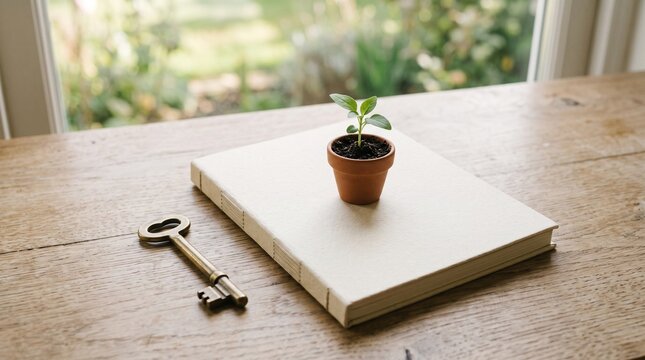 Small plant in terracotta pot on a book with a key