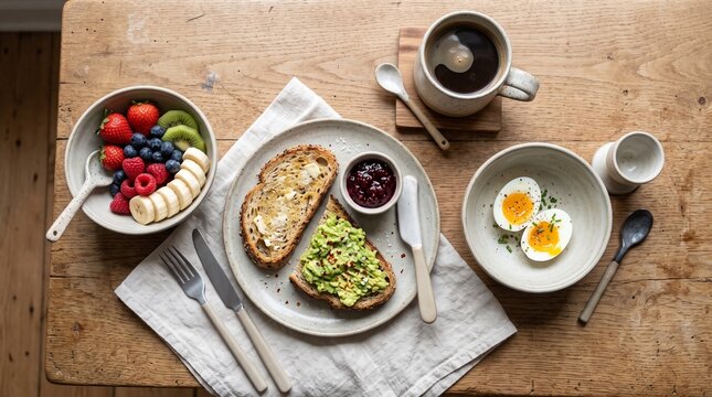 Healthy breakfast with avocado toast, boiled eggs, fruit, and coffee