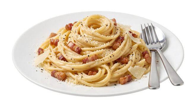 Classic Italian spaghetti alla carbonara plated with pancetta and fork