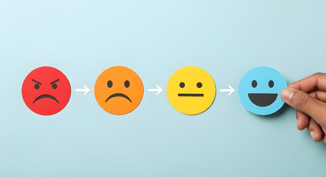 Customer satisfaction feedback concept shown by hand placing a happy smiley face on blue background