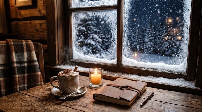 Cozy winter scene with hot cocoa, candle, and journal by window