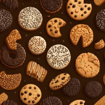 Top-down illustration of various cookie designs with intricate icing patterns, crumbs, and bite marks for added realism in flat vector style