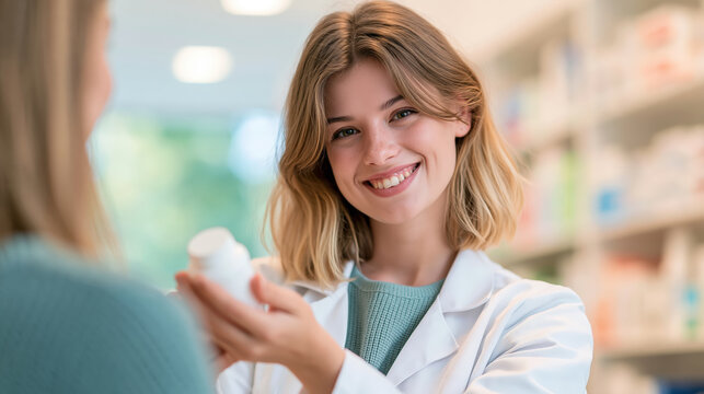Friendly female pharmacist helping customer with medication advice in store