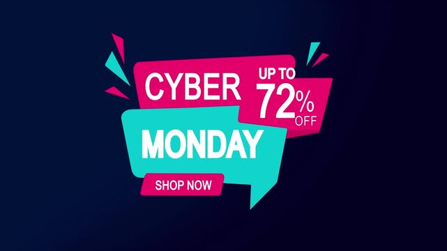 Cyber monday sale promotion with 72 percent off discount tag, dynamic e-commerce marketing animation for online shopping events
