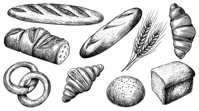 Hand-drawn doodle icon set of assorted bread types in black outline style, including baguette, croissant, loaf, pretzel, and wheat stalks, engraved line art on white background