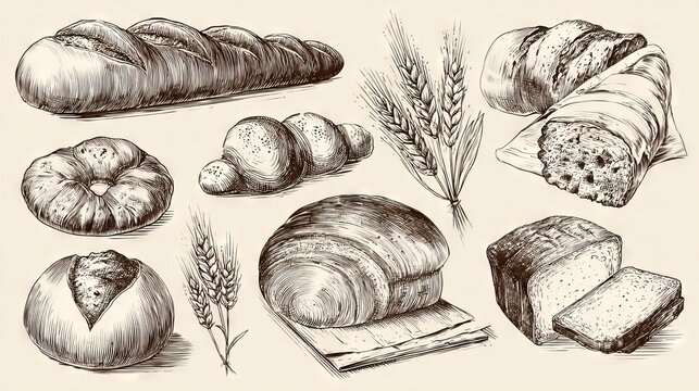 Vintage engraving-style doodle illustrations of bakery items round loaf, sliced bread, bread rolls, and wheat ears clean outline vector isolated on white