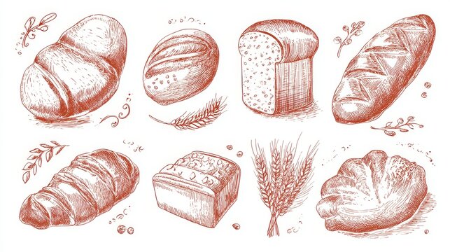 Outline doodle vector set of traditional baked goods, detailed bread engravings with rustic line texture and decorative wheat motifs