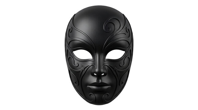 Elegant black masquerade mask with ornate swirl patterns, mysterious venetian face mask on white background, decorative matte plastic carnival mask