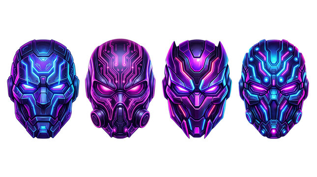 Cyberpunk robotic mask collection, futuristic neon cyborg head set with glowing blue and purple circuitry, high-tech sci-fi armor helmets for gaming