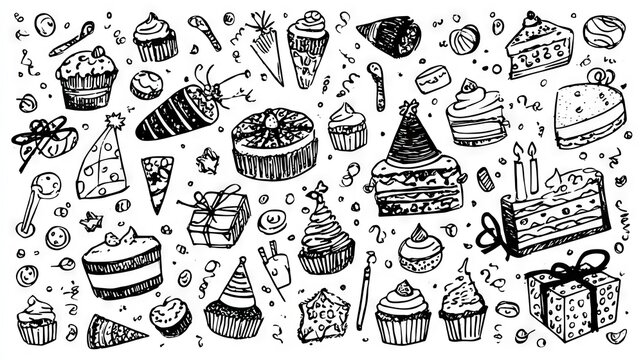 Fun birthday doodle set featuring cake slices, cupcakes, gift boxes, and decorative party hats, black outline vector on white