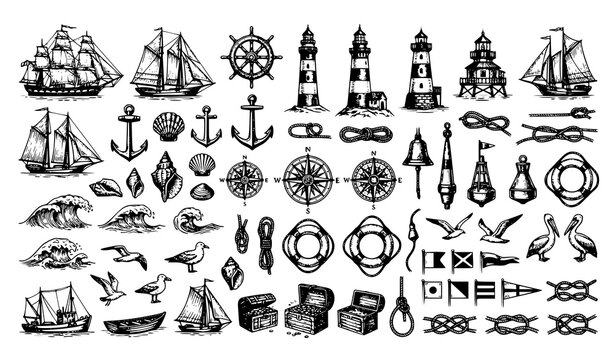 Nautical Marine Hand Drawn Sketch Vector Collection
