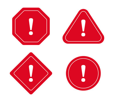 Set of red alert symbols with exclamation mark inside various shapes, triangle, circle, hexagon vector illustration