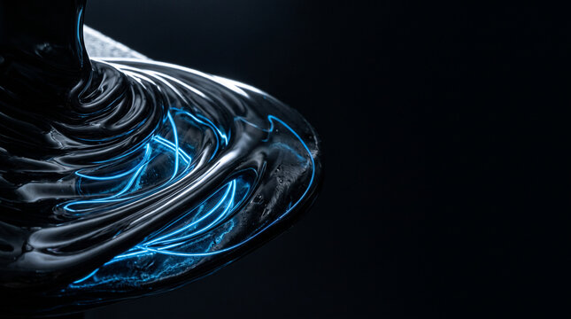 Abstract Dark Viscous Chrome Liquid with Glowing Blue Fiber Optic Streams