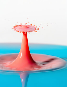High Speed Macro Pink Water Drop Collision Creating Crown Splash on Blue Liquid