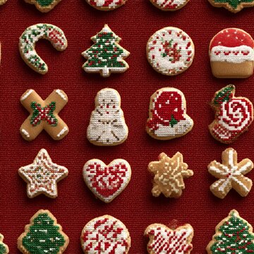 Collection of 16-bit style Christmas cookies rendered as pixel icons, featuring decorative icing patterns and playful retro charm