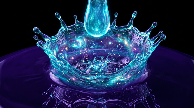 Macro Bioluminescent Cosmic Liquid Drop Splash and Nebula Crown