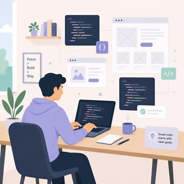 remote developer character working from home office coding on laptop with abstract UI panels and floating code snippets, generative AI